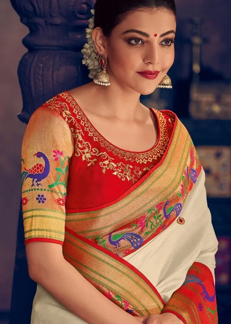 Kajal Aggarwal Stunning Looks In Beautiful White Saree Red Blouse